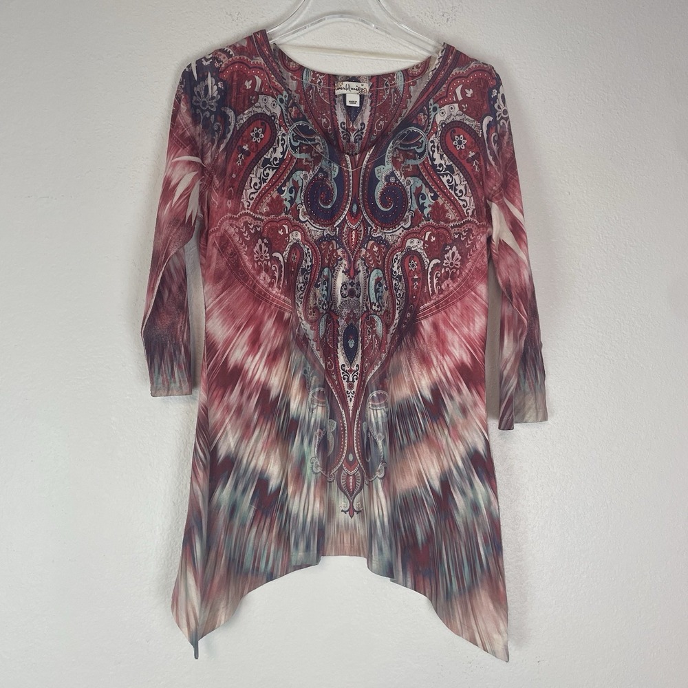 World Unity Paisley Tunic Top Medium Boho Asymmetrical Festival Artsy Rhinestone